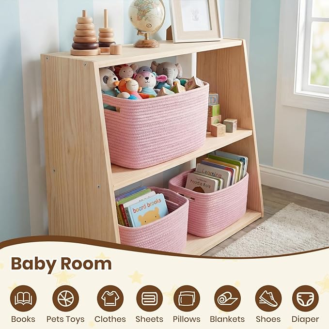 Storage Baskets for Organizing, 14 x 10 x 9” Closet Shelf Woven Baskets, Square Bins with Handles, Cotton Rope Basket for Toys, Clothes, Office, Room, Pink 3 Pack