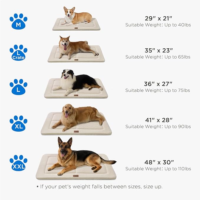 Reversible Dog Crate Pad Bed for Medium Small Dogs,Washable & Non-Slip Kennel Pet Mat, High Density Foam and Soft Fleece Cat Bed for Indoor & Outdoor Use, 29" x 21", Cream White