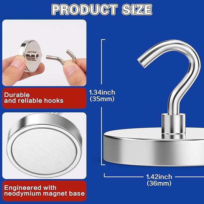6Pack Strong Magnetic Hooks Heavy Duty, Magnet Hooks, 150lbs Metal Magnetic Hooks for Cruise Cabins, Magnet with Hooks, Magnet Hook, Magnetic Hook for Hanging, Refrigerator, Garage