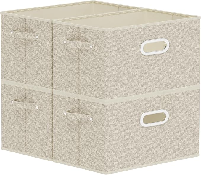 Open Storage Baskets, Collapsible Cube Bins, Fabric Container Organizer with Metal Handles, Boxes for Shelves, Closet, Living Room, 13x9.1x7.9in, Grey and Beige, 4 Pack
