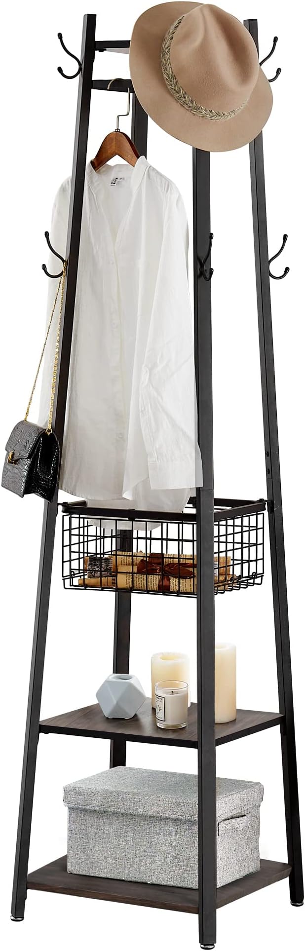 VECELO Coat Rack Freestanding,Hall Tree with Metal Basket and Storage Shelves,Industrial Coat Rack Stand with 8 Hooks for Hanging Coats/Hats/Bags/Umbrellas,18 x 18 x 72 In,Walnut Brown