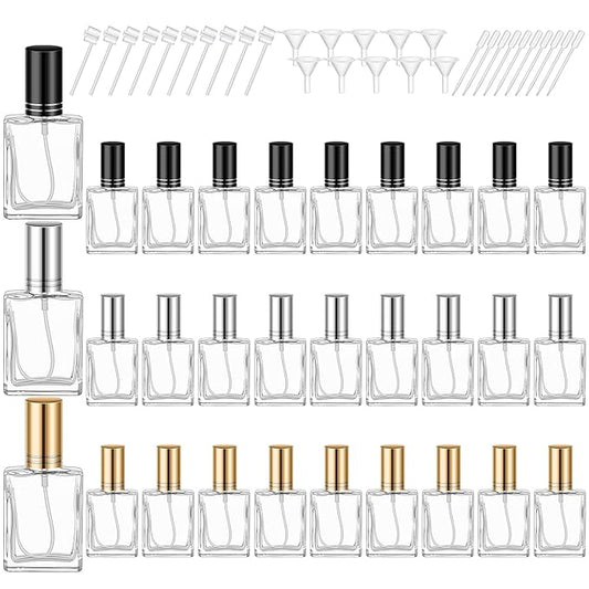Domensi 60 Pcs 15 ml Glass Perfume Bottles Mini Glass Empty Spray Atomizer Bottles Bulk Refillable Perfume Dispenser Container with Pump Tool for Travel Skin Care(Black, Gold, Silver)