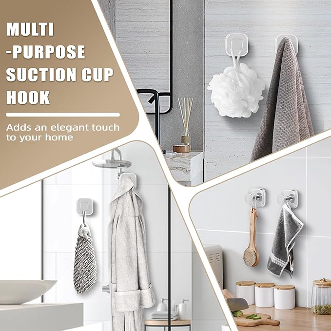 No-Drill Reusable Suction Cup Hooks, Towel, Robe, Loofah, Coat Hook for Glass, Mirror, Tile, Shower, Bathroom, Kitchen & Metal (Smooth, Non-Porous Surfaces) (2, Chrome Polished)