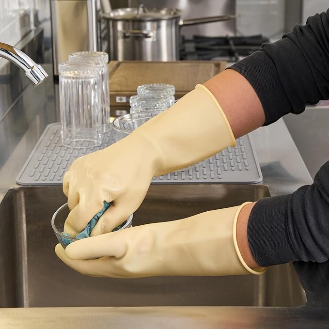Restaurantware Latex Gloves 10 Count 13 Inch Extra Large Textured Grip Disposable Gloves for Kitchen Safety, 22-Mil Thickness and Long Cuff Yellow Rubber Gloves for Food Preparation and Cleaning
