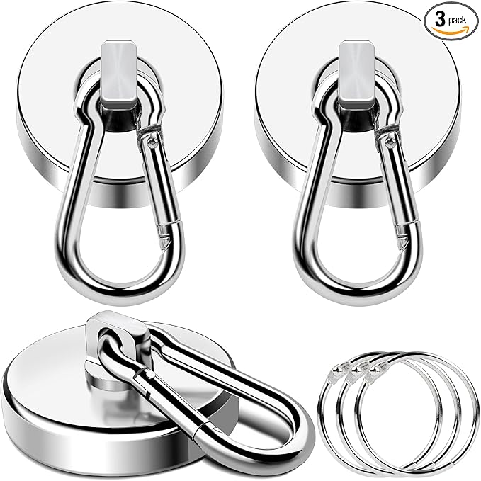 MIKEDE 150LB Magnetic Hooks, Neodymium Magnets Heavy Duty with Swivel Carabiner Hooks, Strong Rare Earth Magnets with Hooks for Garage, Kitchen, Cruise Cabin, Office - 3 Pack