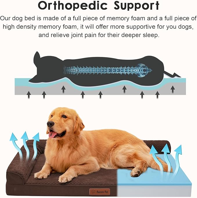Orthopedic Dog Beds Large Sized Dog, 44x32x6 Inches Memory Foam Pet Bed for Large Dogs, Washable Removable Cover, Nonskid Bottom, Waterproof, Brown Grey