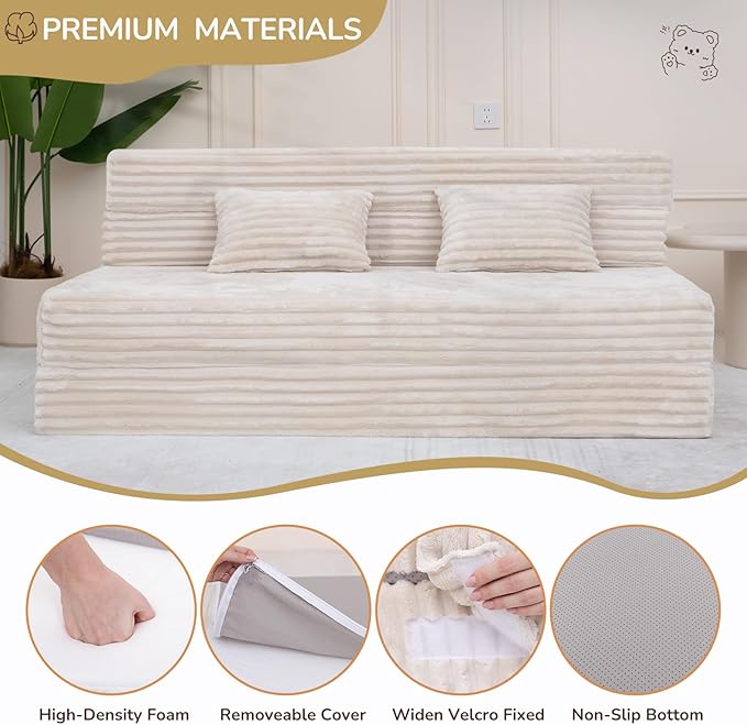 Folding Sofa Bed Queen Size, Convertible Sleeper Chair Loveseat with Pillow, Futon Chair Sofa Bed, Fold Out Floor Couch, Foldable Mattress for Living Room, Bedroom, Guest Room, Dorm, Beige