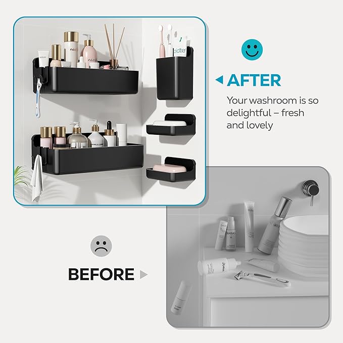 Shower Shelves 5 Pack — Adhesive Shower Wall Shelf Organizer for Bathroom Organization, Black