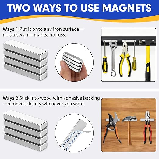 Grtard 4 Pack Neodymium Bar Magnets, Rare Earth Magnets Metal Neodymium Magnet with Double-Sided Adhesive for Fridge and Office Projects, 40x10x5mm(Silver)