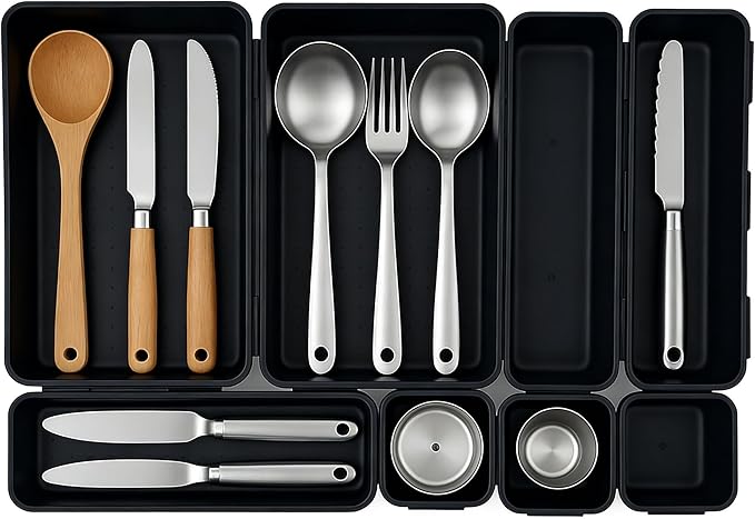 U-KIME Desktop Storage Box ,Tabletop Clutter Organizers For Cosmetics, Stationery, Kitchen Utensils, Office Supplies & Small Items(Black / 8-Piece set)