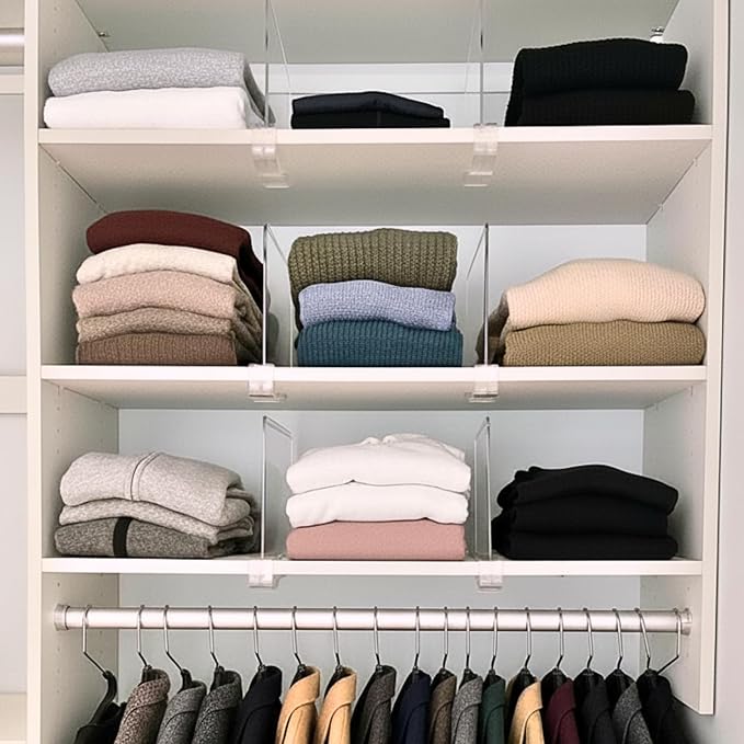 Shelf Dividers Purse Organizer for Closet: 6-pack Acrylic Bag Storage Organizer for Handbags, Clutches, Clothes, Sweater, Towel on Wood Shelves