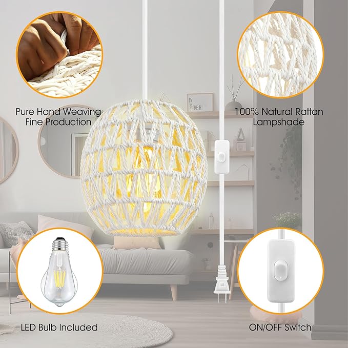 SLYYMY Plug in Pendant Light, 15FT Hemp Rope Cord, Hanging Lamps Rattan Pendant Light, On/Off Switch Hanging Lights for Bedroom Living Kitchen White