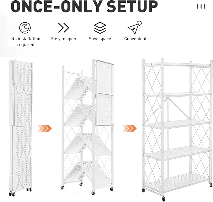 Folding Shelf Foldable Shelves with Wheels - Folding Shelves No Assembly, Collapsible Shelf Unit Display, Kitchen Organizers and Storage, Pop Up Heavy Duty Rack , 5-Tier White 28"D x 14"W x 63"H