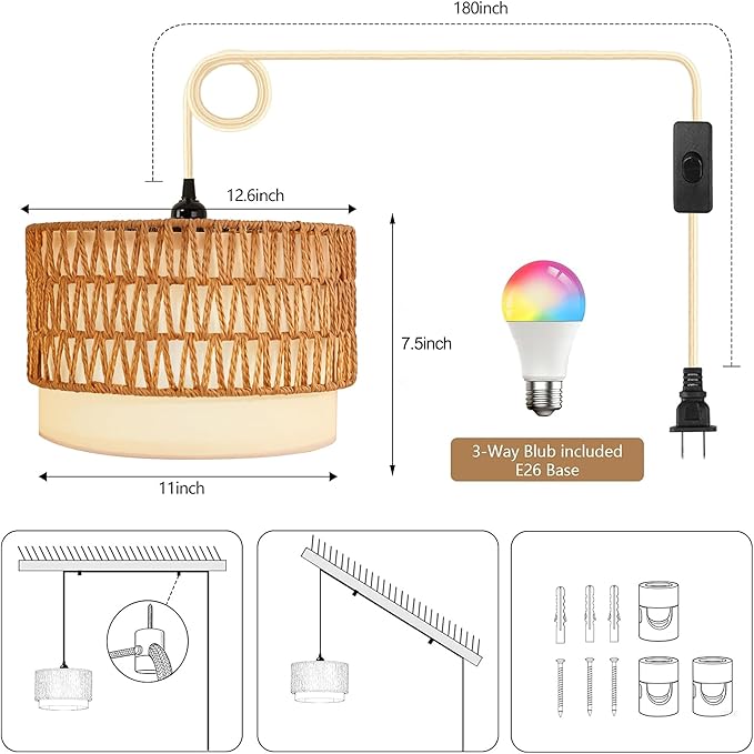 Plug in Hanging Lamp with RGB Smart Bulb Plug-in Cord Pendant Light with 15ft Cord Fixture Pendant Lights for Bedroom Kitchen Living Room Dining Room