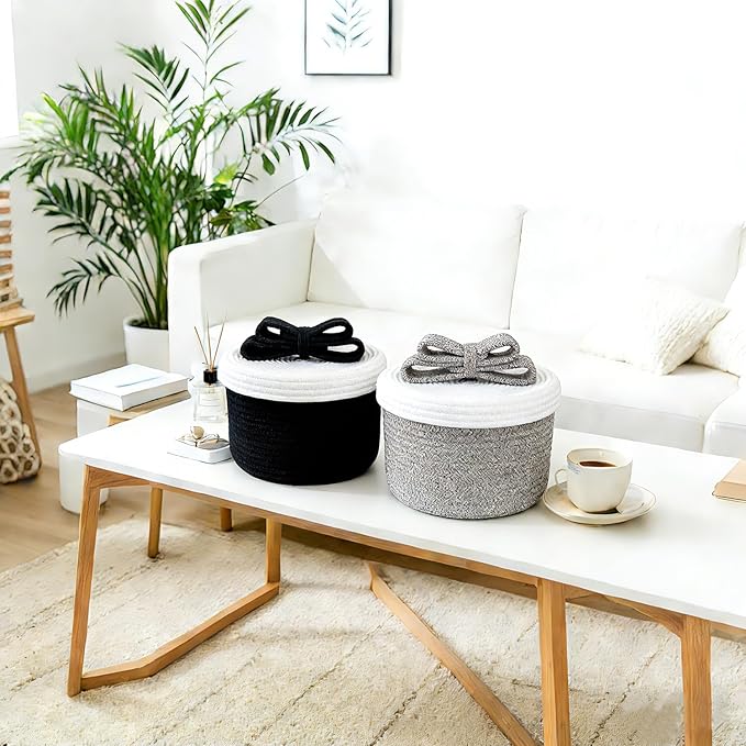 Small Decorative Baskets with Lids, Woven Rope Storage Basket with Lid for Home Decor; Small Boho Storage Basket, Bin and Box for Living Room, Bathroom, Bedroom or Shelf (grayish-brown)