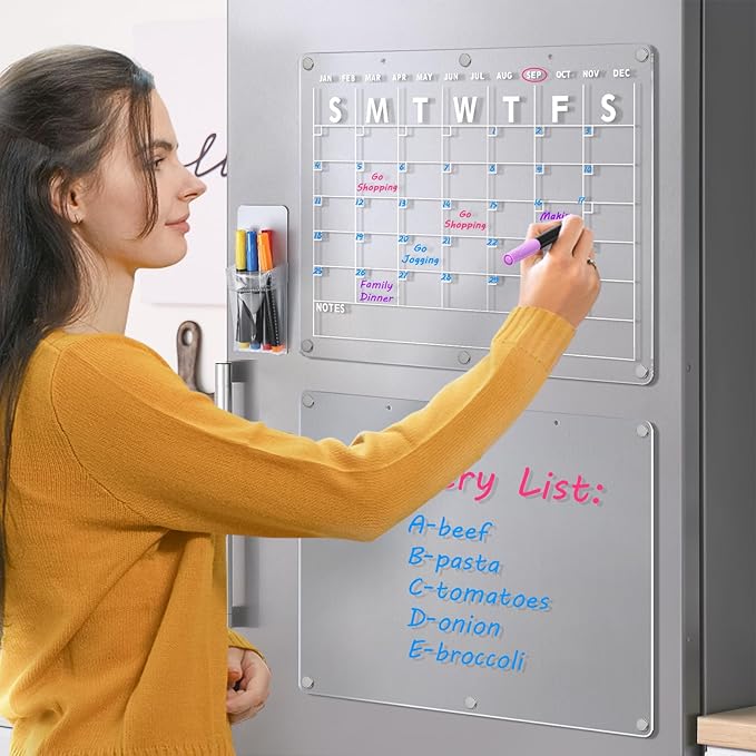 Acrylic Magnetic Dry Erase Board Calendar for Fridge 2 Set, 16.5"x12" Inch Clear Dry Erase Calendar for Refrigerator, Acrylic Planner Calendars Includes 6 Colors Markers with Eraser