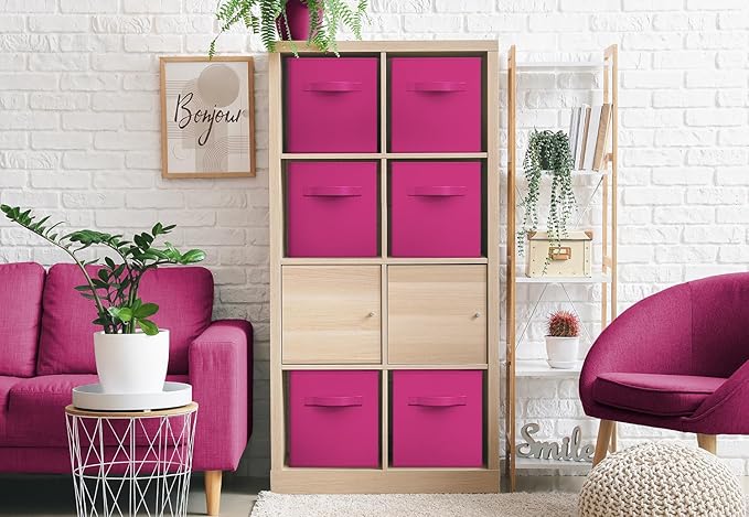 Sorbus Foldable Storage Cubes - 6 Pink Storage Bins for Organizing Pantry, Closet, Shelf, Nursery, Playroom, Toy Box, Cubby - 11 Inch Collapsible Fabric Baskets with Handle
