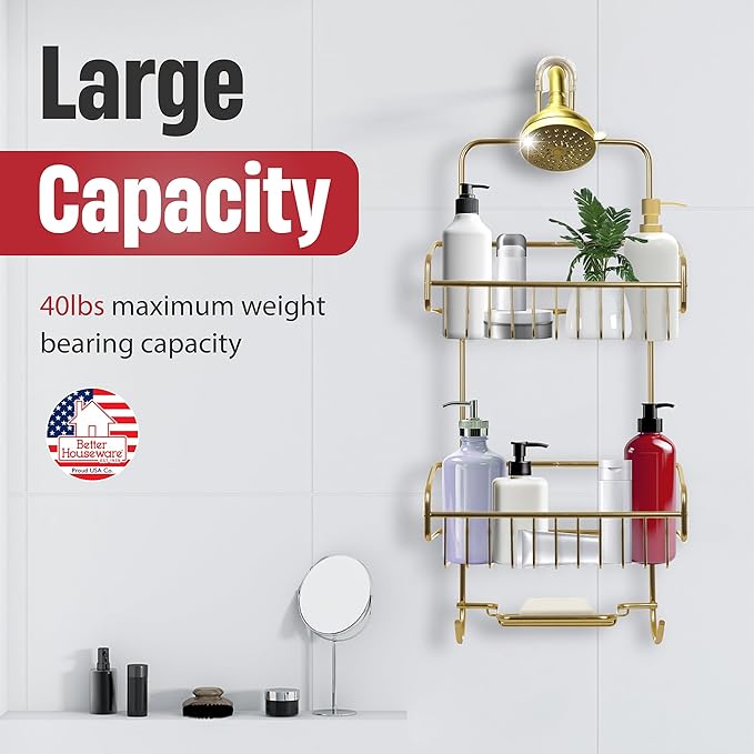 Better Houseware Shower Caddy - Shower Organizer Shelves with Hooks, Rustproof Shower Storage Rack for Shampoo, Conditioner, Soap, Bath Sponge - Gold (Caddy + Soap Holder)