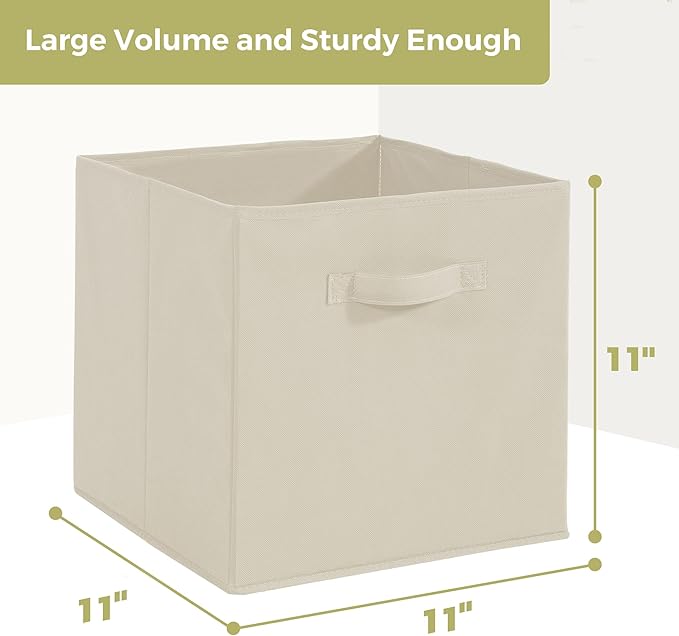 11x11 Storage Bins, Set of 3 Storage Cubes, Collapsible Cube Storage Box, Fabric Closet Organizers with Handles for Home, Office, Closet Shelf Cabinet, Bookcase, Beige