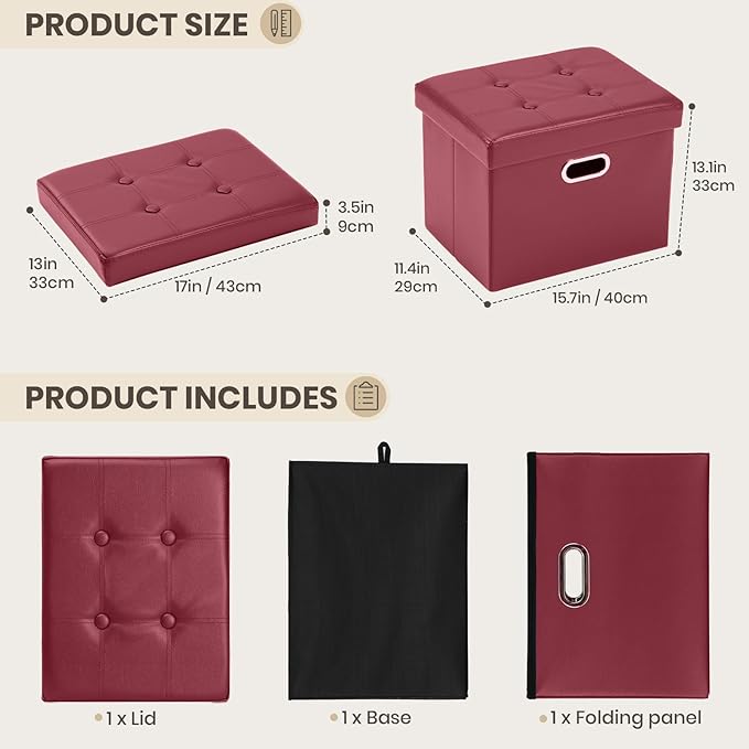 COSYLAND Storage Ottoman Foot Rest - 17x13x13in Leather Ottoman Rectangle Foot Stool Folding for Room Dorm Small Collapsible Bench Seat Organizer Entryway Furniture with Handles Lid Burgundy