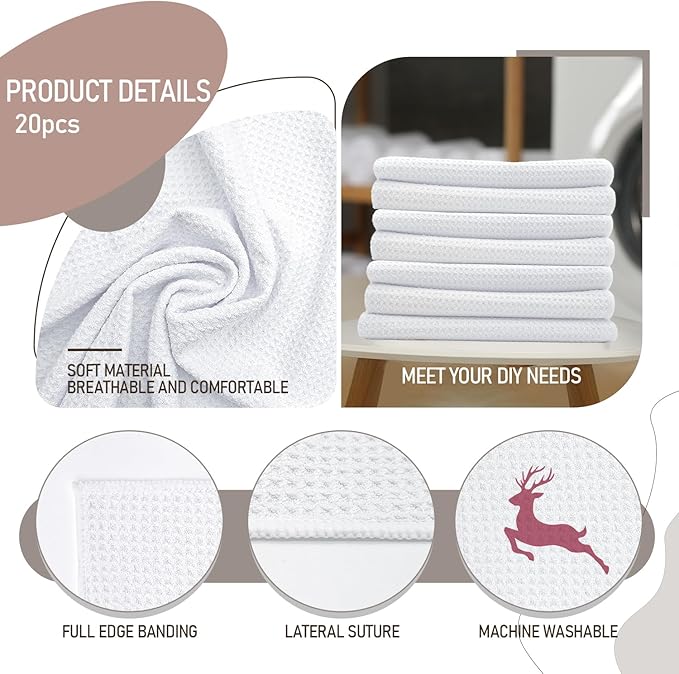 YOUKE OLA 20 Pack Sublimation White Towels Waffle Weave Kitchen Towels Blanks Microfiber Dish Drying Towel for Heat Transfer 16x24 Inch