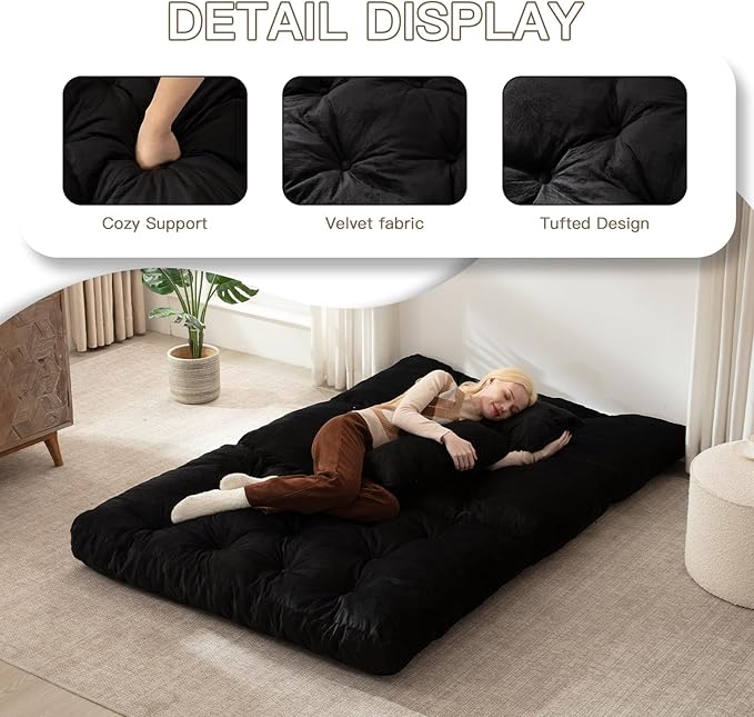 Folding Sofa Bed, Convertible Sleeper Chair with Pillow Foldable Mattress with Back Support, Portable Fold Out Chair Bed Comfy Floor Sofa Lounge for Living Room Bedroom, Black Twin 80x39 Inch