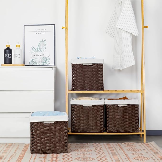 Bidtakay Wicker Cube Storage Bins with Liners 11x11 inch Woven Baskets for Organizing 4-Pack Waterproof Imitation Rattan Woven Cube Organizer with Handles for Pantry-Reddish Brown