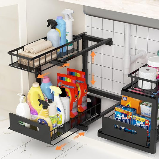 Under Sink Organizer, Heavy Duty Metal Slide Out Sink Shelf Organizer Height Adjustable, Multi-Purpose Storage Shelf for Kitchen Bathroom (Black,2Pack)