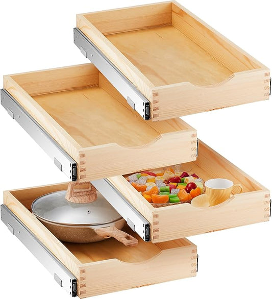 Sintuff 4 Set Wooden Pull out Tray Cabinet Organizer Soft Close Roll out Shelves for Kitchen Cabinets Fully Assembled Slide Pantry Shelves(12'' X 21'')