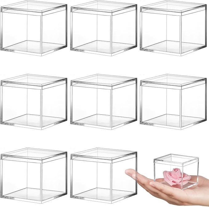 Blulu 8 Pcs Clear Acrylic Box with Lid Plastic Jewelry Mini Storage Box Mini Cube Containers for Candy and Tiny Jewelry Easter Party Favor(2.2 x 2.2 x 1.8 Inch,Classic Style)