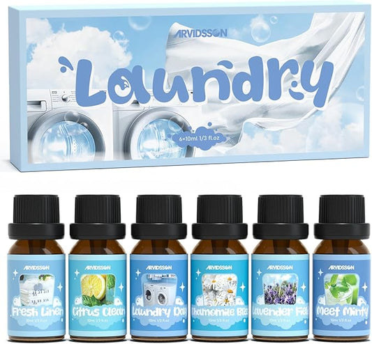 ARVIDSSON Laundry Collection Essential Oil Set, Natural Clean Essential Oils for Diffuser, Use with Wool Dryer Balls - Fresh Linen, Citrus Clean, Laundry Day, Chamomile Bliss, Lavender Field, Minty