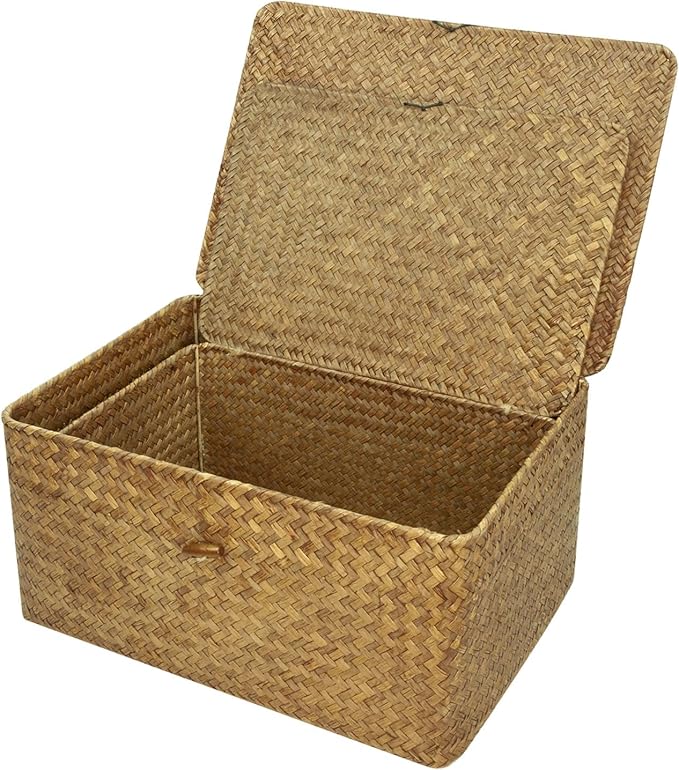 2-Pack Wicker Storage Baskets with Lid, Coffee Large & X-Large Rectangular Sea Grass Baskets