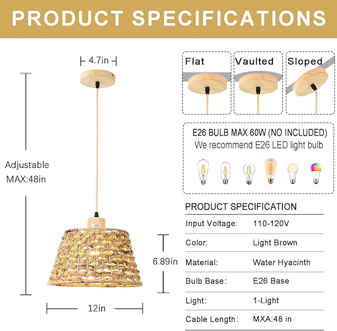 Rattan Boho Pendant Light, 12" 1-Light Hand-Woven Wicker Pendant Light with Water Hyacinth Shade, Natural Coastal Cone Hanging Light for Kitchen Island Sink Dining Room