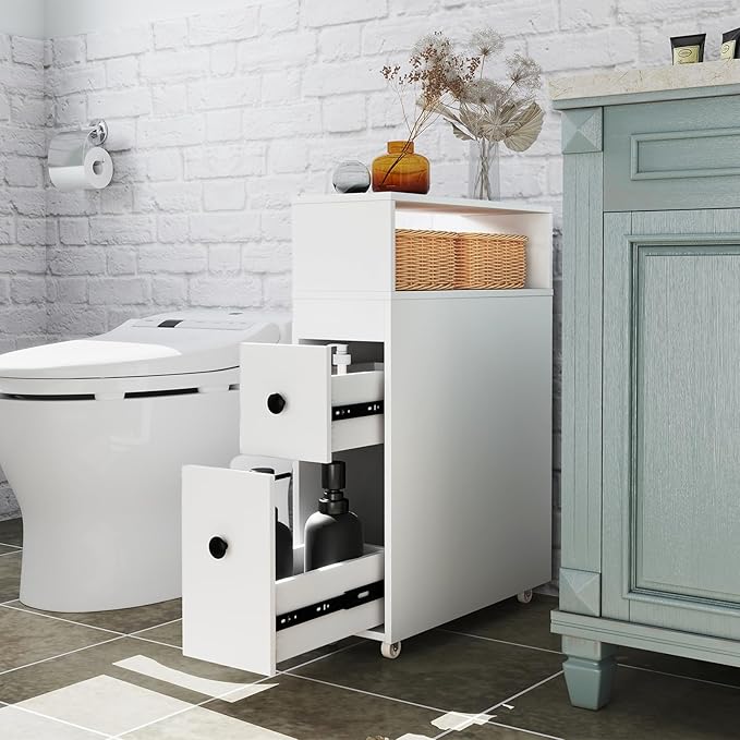 LOKO Slim Bathroom Storage Cabinet with Wheels, Narrow Toilet Side Cabinet with Drawers, Removable Storage Baskets, Toilet Brush Holder, Movable Bathroom Organizer or Skinny Corner, Narrow Spaces