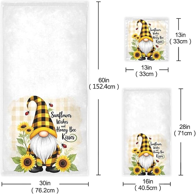 Gnome Sunflower Flowers Towels Set of 3 Bee Plaid Spring Bathroom Towel Soft Absorbent Bath Hand Towels Washcloth Guest Towel Sets Bathroom Decorations