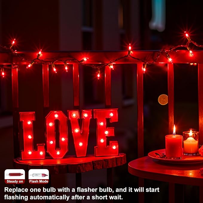 2Pack Red Christmas Lights, 13FT 50-Count Incandescent Halloween Mini Light with Green Wire, UL Certified Connectable Valentine's Day Lights Waterproof for Garland Party Xmas Holiday