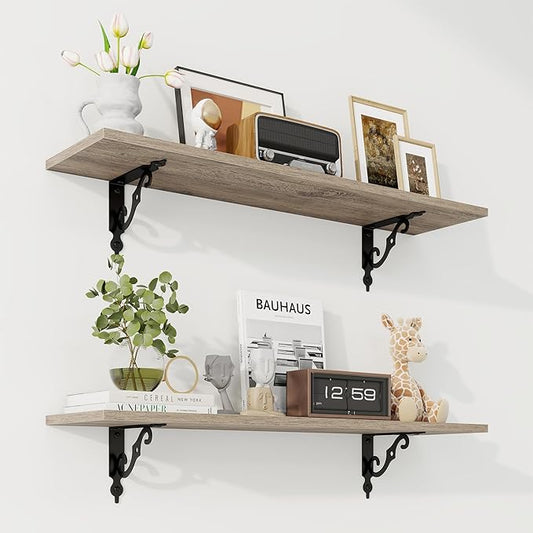 RICHFOCUS Floating Shelves for Wall Decor, 31.5W x 8D Shelves Set of 2, 8" Deep Rustic Wood Floating Shelves Wall Mounted with Metal Brackets, Shelves for Living Room Bedroom Kitchen, Grey