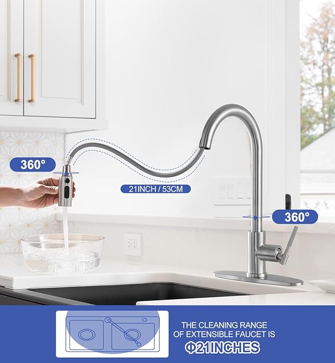 High Flow Kitchen Faucet 2.2 GPM, High Pressure Brushed Nickel Pull Down Sprayer, Stainless Steel Single Handle Sink Faucet for 1/3 Hole 10" Deck Plate