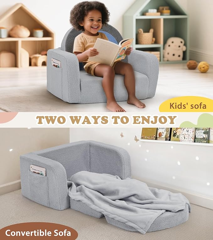 Kids Couch, 2-in-1 Soft Toddler Couch Fold Out with Blanket, Comfy Toddler Chair, Convertible Sofa, Gifts for Kids Girl Boys, Medium Blue Rainbow