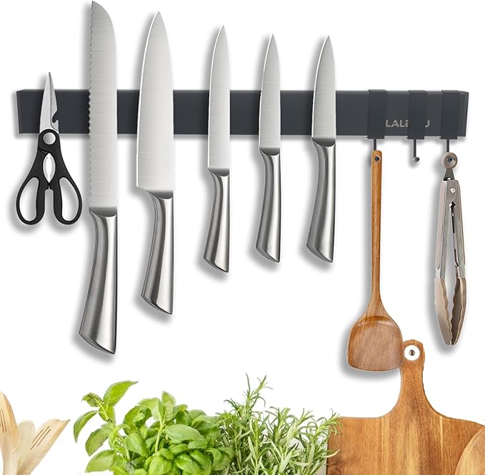 Magnetic Knife Holder for wall, 16 Inch Knife Magnetic Strip with 3 Hooks, black Knife Holder Magnet Rack for Kitchen Organizer, Mount with Adhesive or Screws