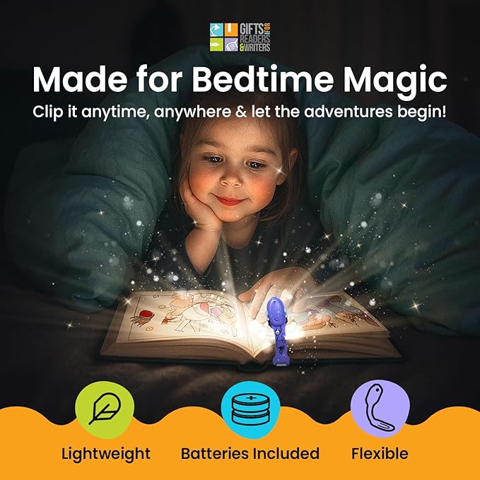 Gifts for Readers & Writers Book Light for Kids, Clip On Reading Light for Bed, 2in1 Flexilight Pals & Bookmark, Small & Lightweight with a Soft Glow, 2 Batteries Included, Robot Purple