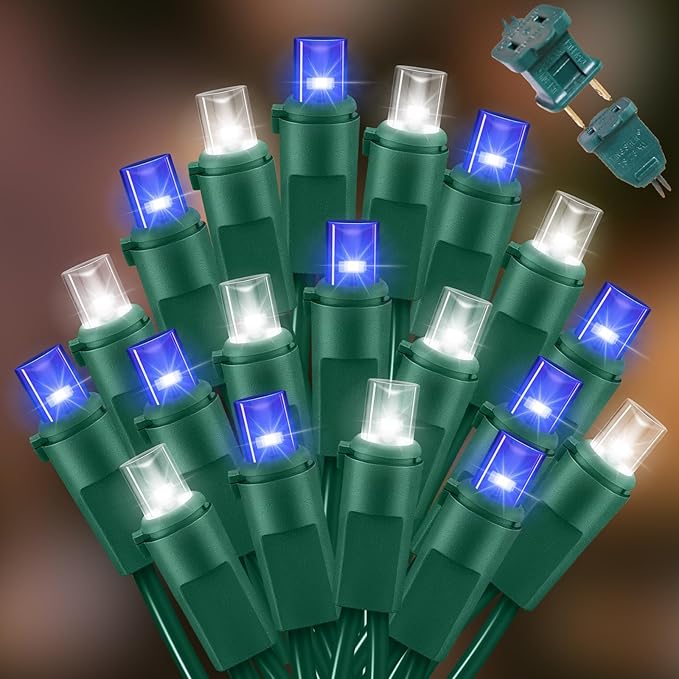 LAMPHOME Blue White Christmas Lights Outdoor, 21.6FT 100 Led Plug in Mini Fairy String Lights Green Wire,Waterproof Christmas Tree Light for Indoor Outside Bedroom Party Wedding Independence Day