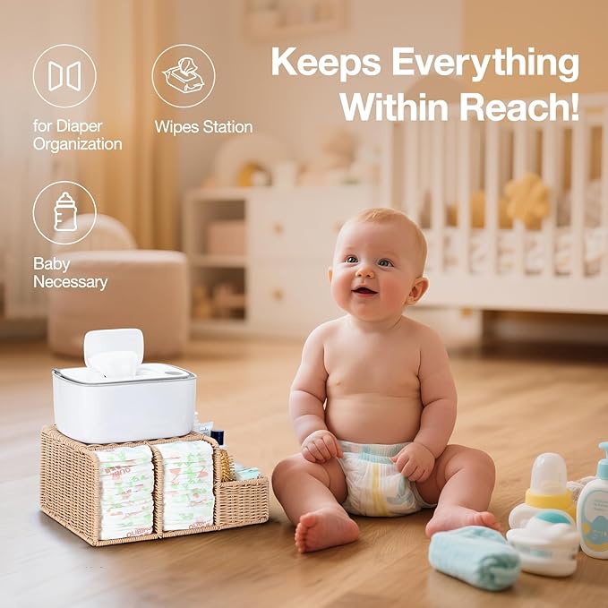 Diaper Caddy Organizer, Hand Rattan Nursery Storage Basket for Baby Essentials, Baby Changing Table Organizer Perfect Nursery Assistant (Natural Woven, M)