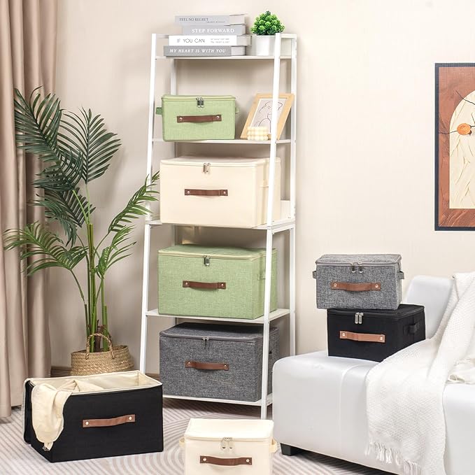 Storage Bins with Zipper Lid Foldable Fabric Lidded Storage Boxes Baskets Cubes Washable Collapsible PU Leather Handle Cotton Linen Fabric Shelf Closet Organizer Container(Black, Small Size)
