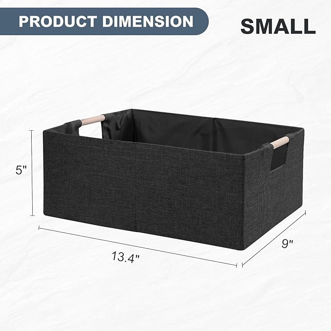 ANMINY 4PCS Storage Baskets for Organizing Collapsible Fabric Storage Bins Boxes with Wood Handles Closet Shelves Cube Organizer Bins Clothes Laundry Storage Container - Small, Black