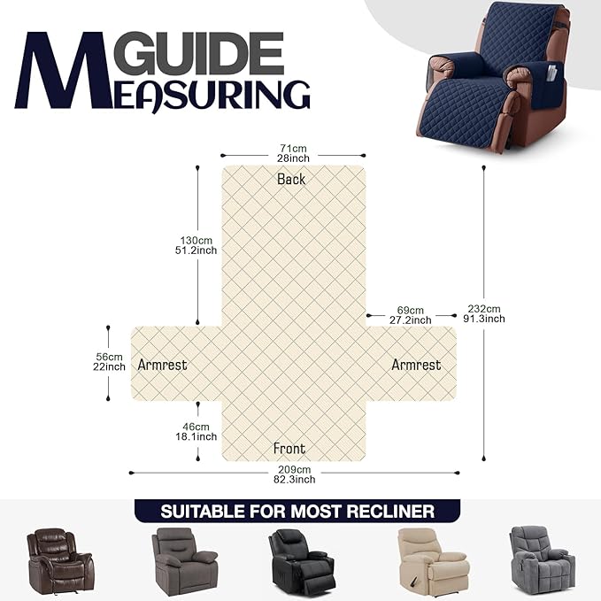 KinCam 100% Waterproof Recliner Chair Cover, Reclining Couch Covers for Pets, Dogs, Recliner Couch Slipcover Furniture Protector with Elastic Straps for Kids(28", Dark Blue)