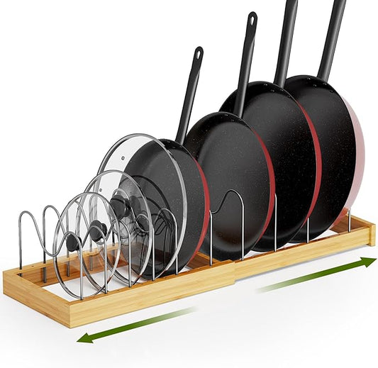 Tomorotec Bamboo Pot Lid Holder with Adjustable Stainless Steel Dividers, Expandable Rack Organizer for Kitchen Drawers, Cabinets, Countertops, Space-Saving Storage for Lids, Pans, Trays, Cookware