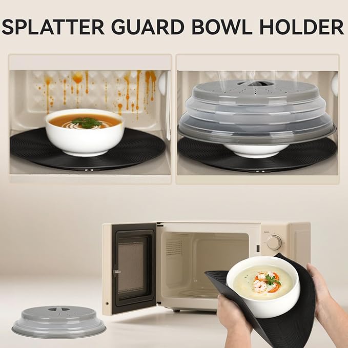 WENWELL 12" Microwave Splatter Cover & Mat, Large Vented Collapsible Splatter Guard Dish Plate Lid & Silicone Round Kitchen Mat for Food