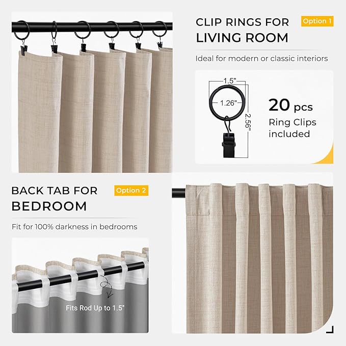 INOVADAY 100% Blackout Curtains for Bedroom, Black Out Curtains 108 Inch Long, Clip Rings Linen Blackout Drapes, Thermal Insulated Room Darkening for Living Room, 1 Panel - Oatmeal,W102xL108