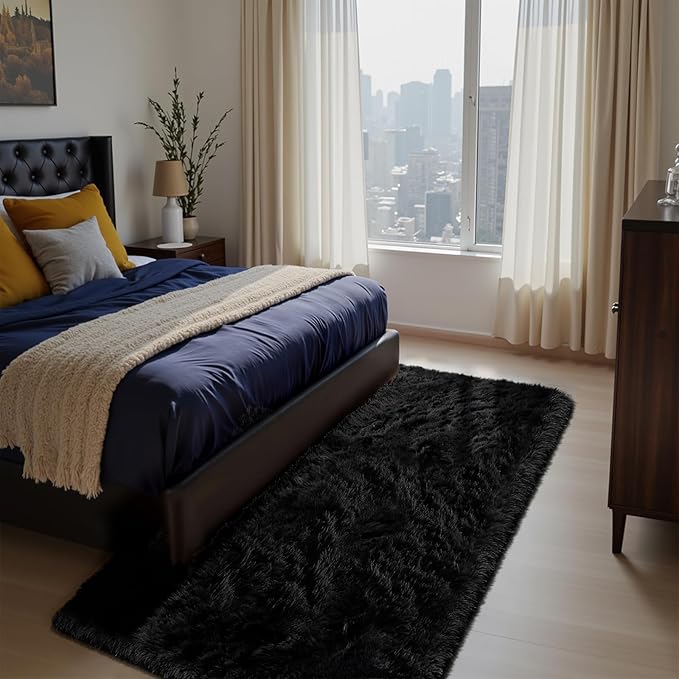 Soft Runner Rugs for Bedroom, Black 3x7 Area Rugs Fluffy Rug Shaggy Area Rug Carpet, Bedside Rug for Living Room Bedroom Kids Room Home Decor